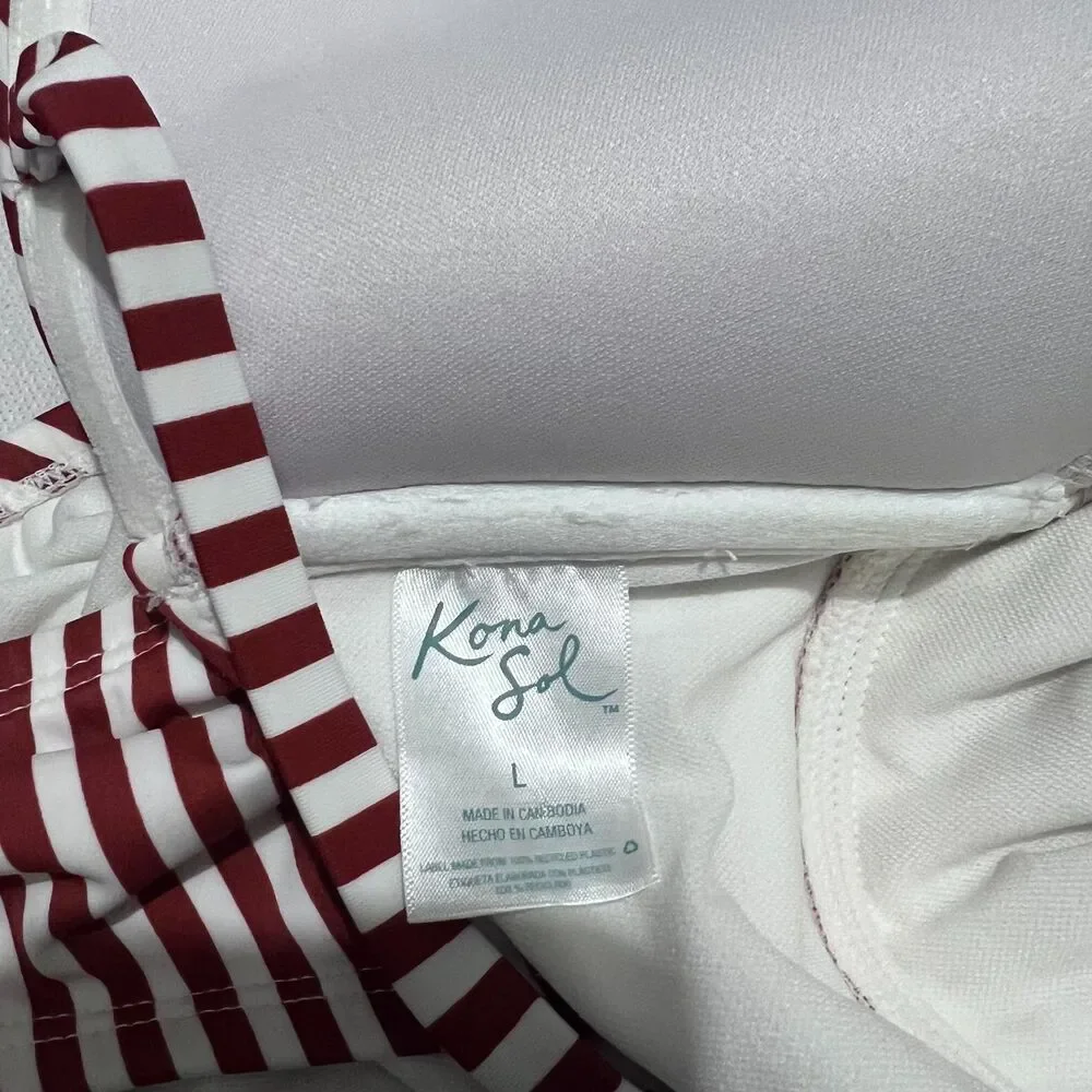 Kona Sol One Piece Swimsuit Large Red White Stripe Built in Bra Twist Front
